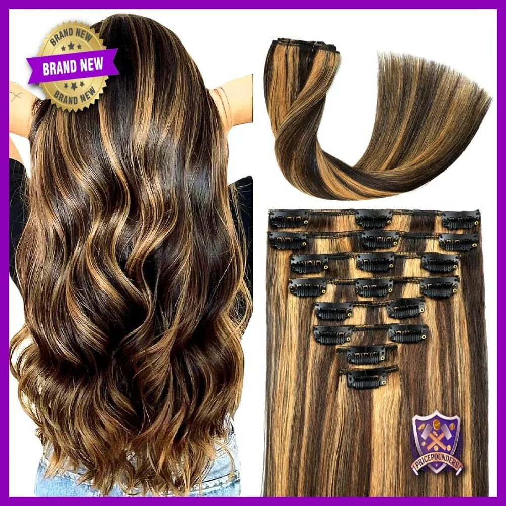 20 Inch Clip In Human Hair Extensions 8 Piece Set Seamless Balayage